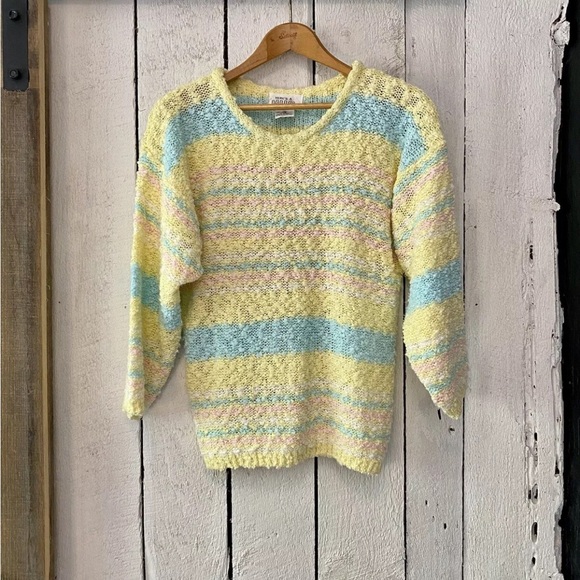 Vintage 80s Pastel Yellow Fairy Kei Boucle Blouson Sweater by Here’s A Hug M/L - Picture 7 of 13